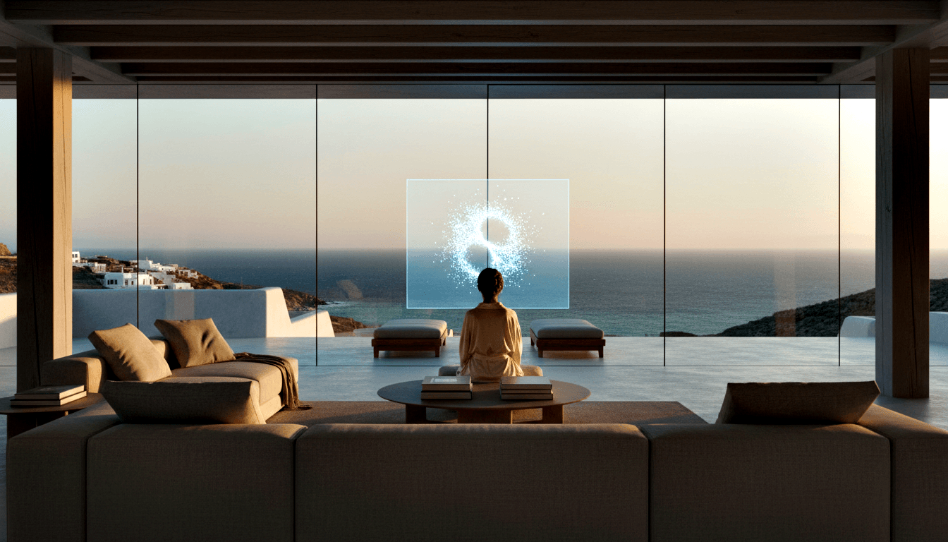 Person in cream robe sits cross-legged facing a glowing figure-eight symbol display, with glass walls opening to a coastal sea view.