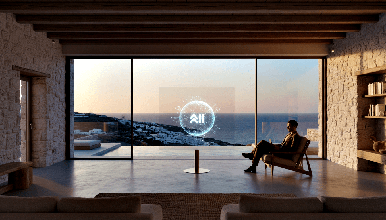 CGI stone-walled interior at dusk; cyan sphere on transparent display; silhouetted man in lounge chair; ocean view beyond glass doors.