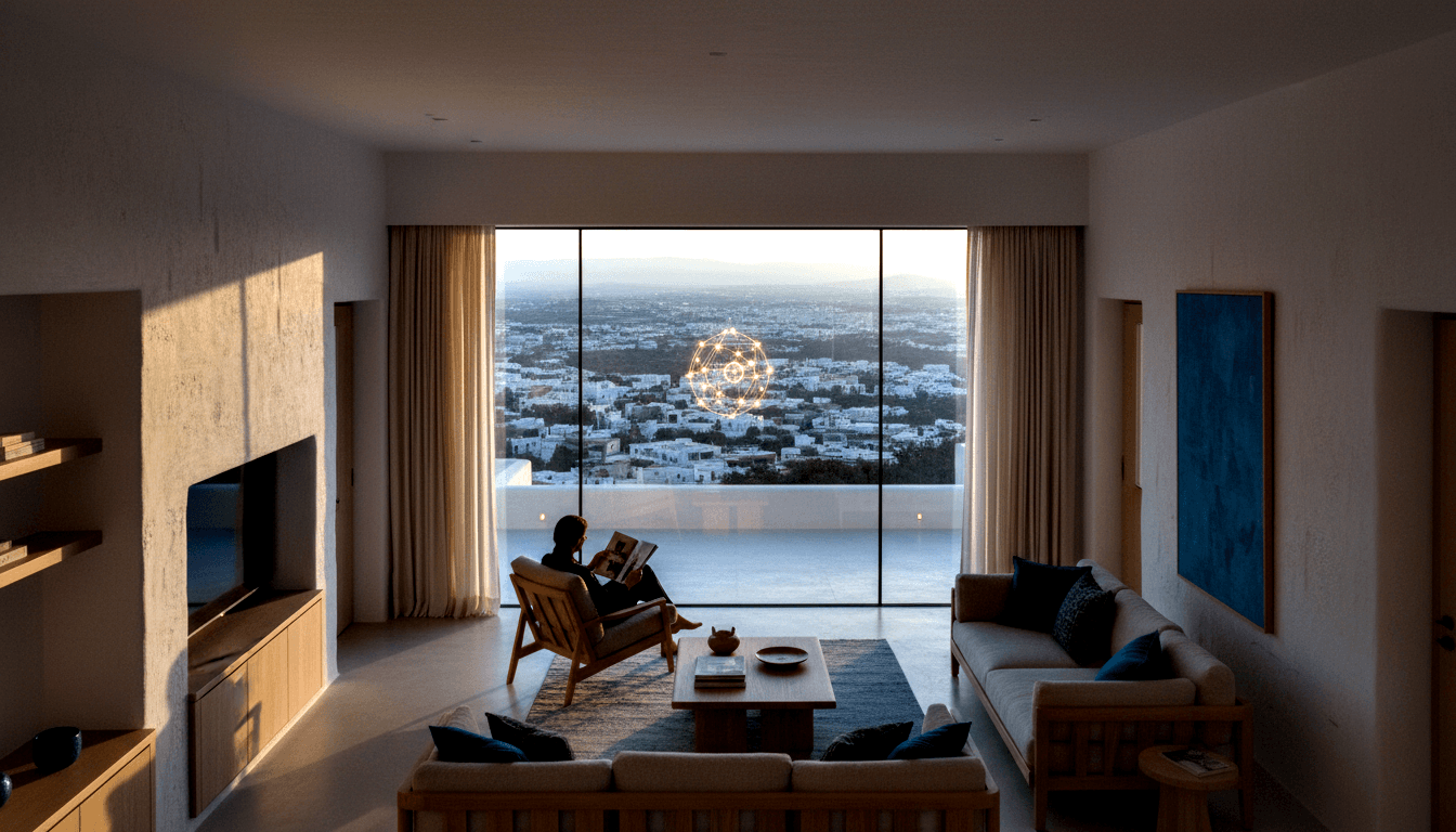 Silhouetted figure reading in wooden armchair before floor-to-ceiling glass doors overlooking a dusk cityscape, with navy sofa and amber orb.