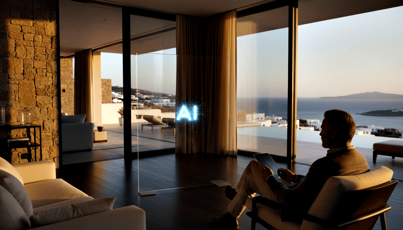 Man in grey sweater sits in wooden armchair holding a tablet beside a glowing cyan holographic 'AI' panel in a modern interior.