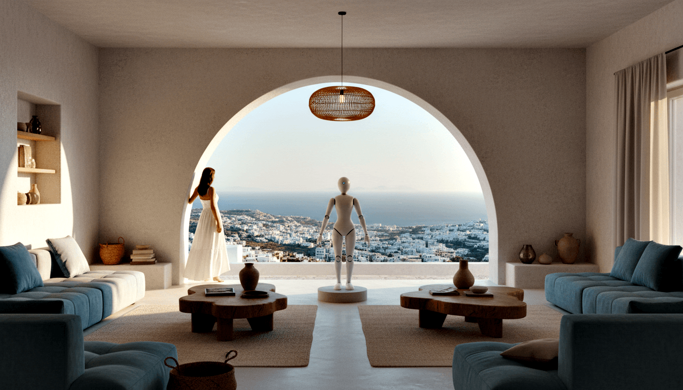 White humanoid robot on pedestal under arch overlooking coastal town and sea; barefoot woman in white dress stands left in furnished room.