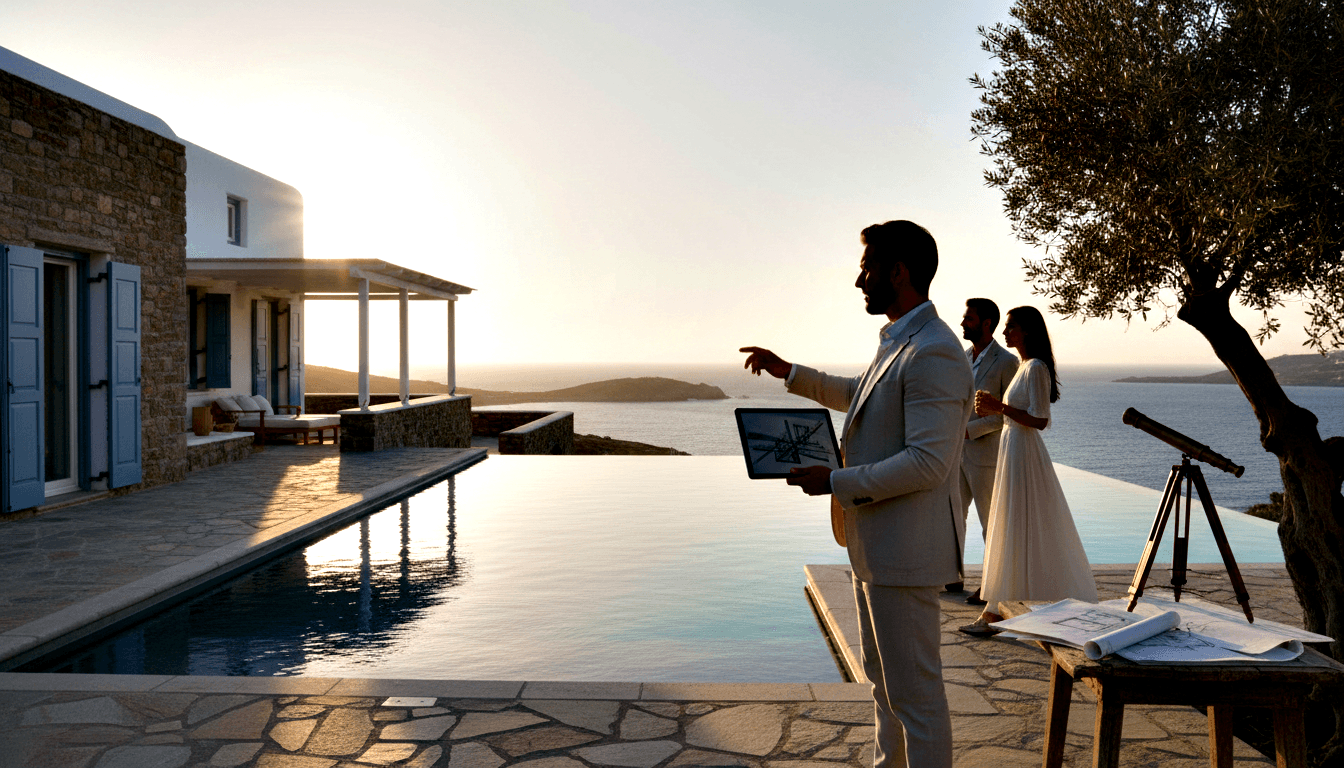 Three partially silhouetted figures on a stone clifftop terrace by an infinity pool overlooking calm water and distant landmasses.