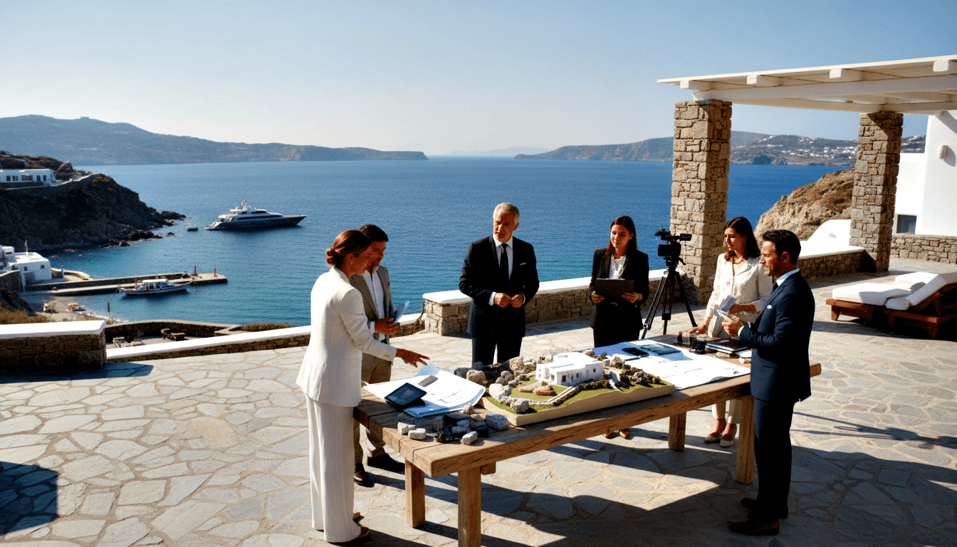 Six professionals at an outdoor terrace table reviewing an architectural scale model and blueprints, with a coastal harbor view behind them.