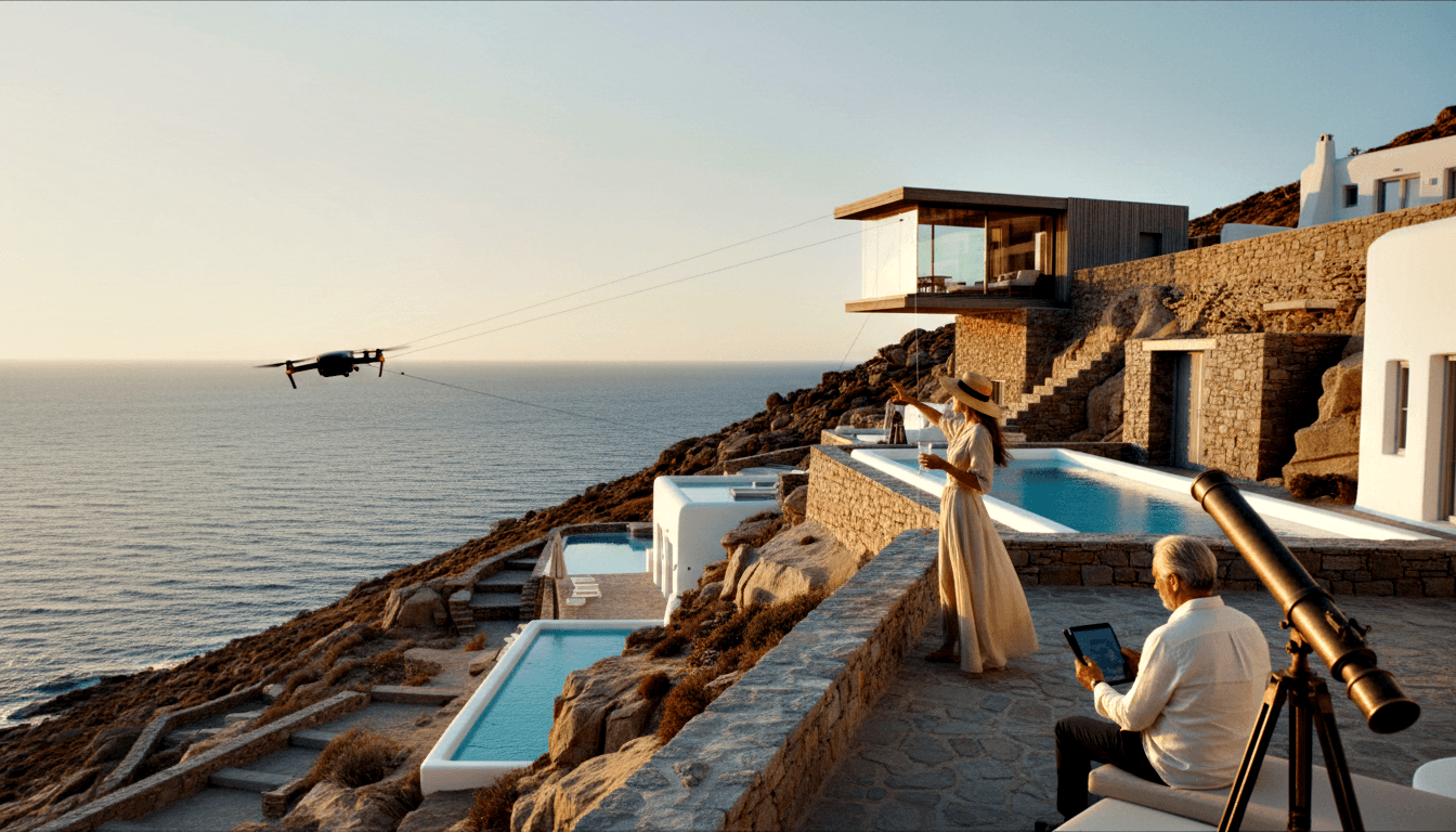 CGI cliffside villa with cascading infinity pools overlooking sea at golden hour; woman holds drone, man sits at tablet, telescope foreground.