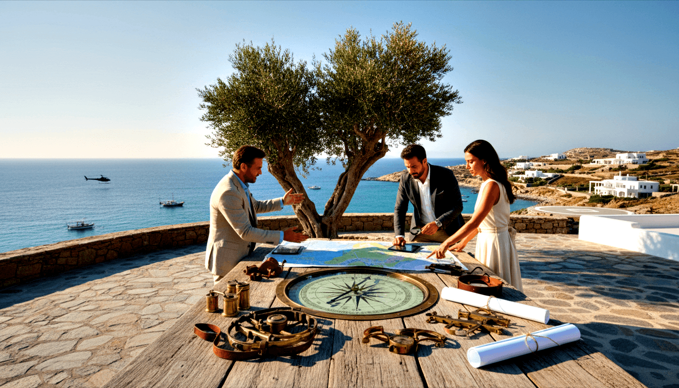 Two men and a woman around a wooden table on a stone terrace above a calm turquoise sea, studying maps and brass navigational instruments.