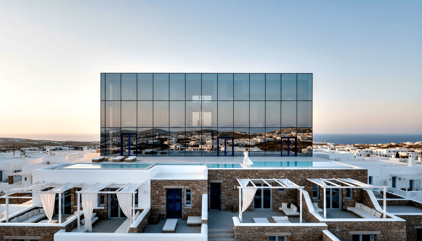 Woman in white dress at edge of turquoise infinity pool, glass curtain-wall structure above stone-clad levels, white pergolas and sea beyond.