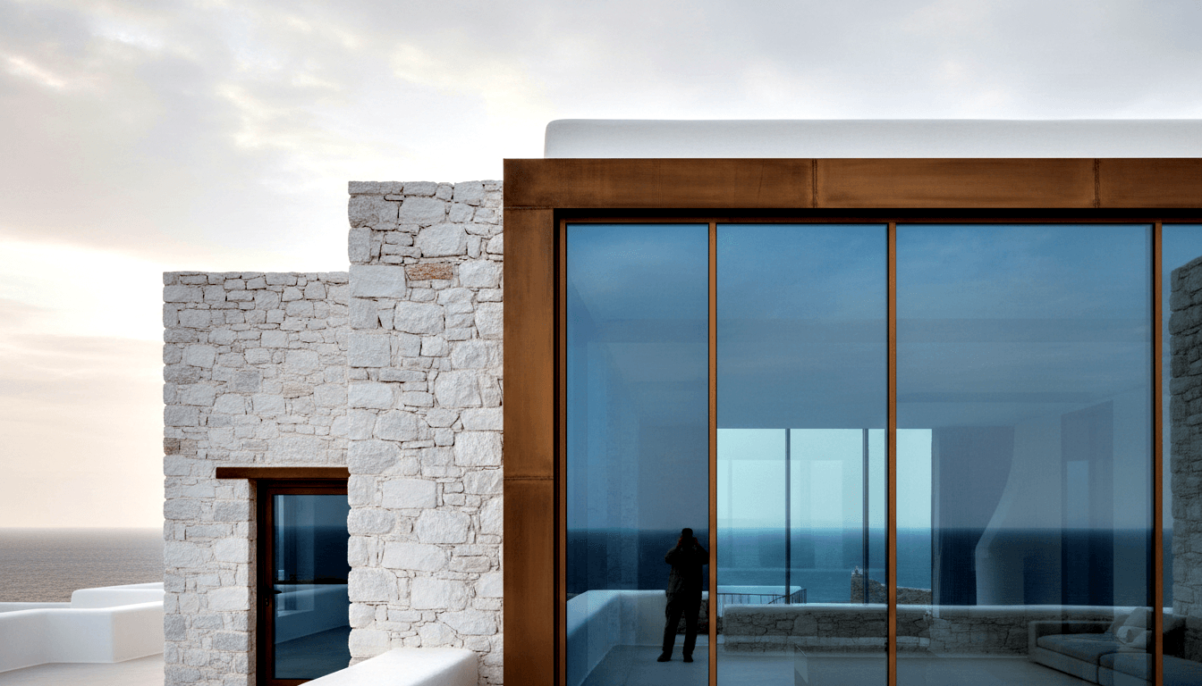 White stone facade left, rust-brown steel-framed floor-to-ceiling glass right; silhouetted figure inside facing grey-blue sea.