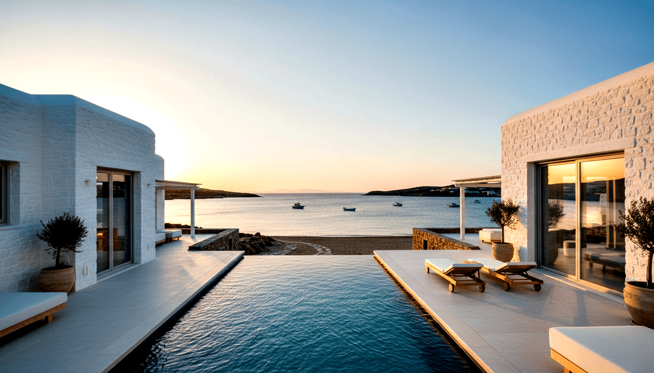 Narrow pool between whitewashed stone buildings on a coastal terrace, framing a calm sea bay at golden-hour sunset with amber horizon.