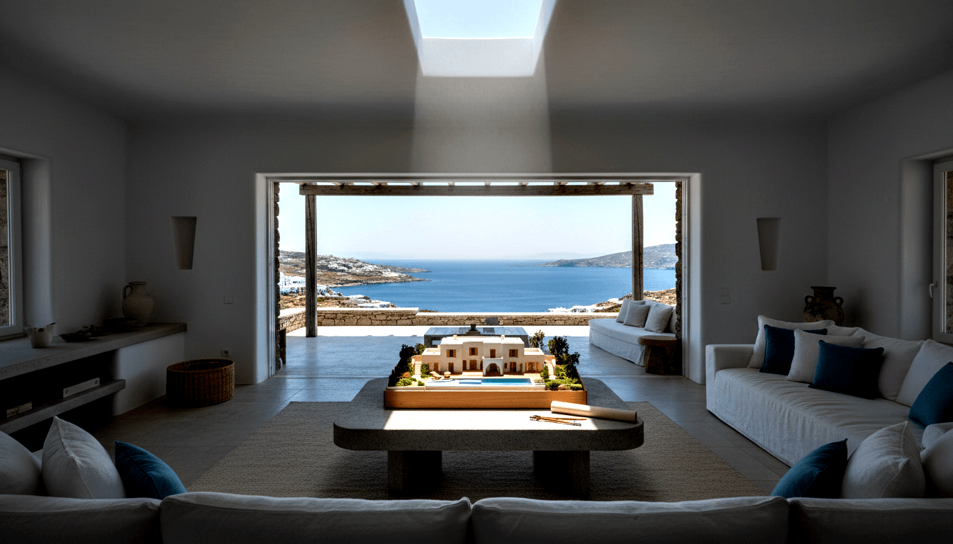 Whitewashed room with skylight; stone table holds scale model and rolled drawings; white sofas, teal cushions; open doors to sea view.