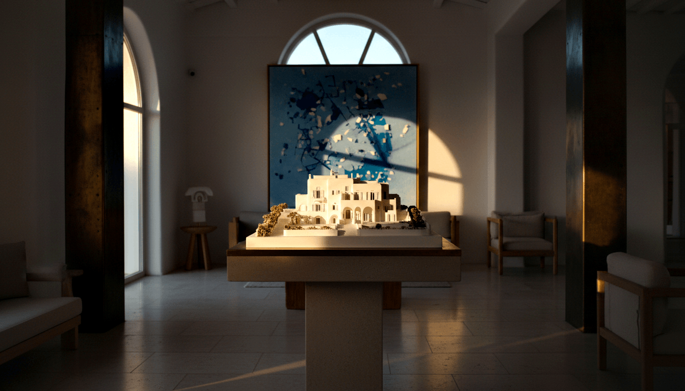 White multi-level architectural scale model with arches, terraces, and small gold-green trees on a wood-and-stone pedestal in a CGI gallery.