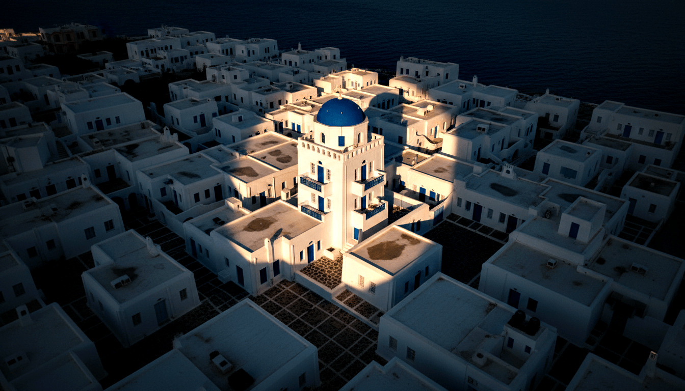 Aerial night view of whitewashed cubic buildings surrounding a tall white tower with a cobalt-blue dome, uplit by amber spotlights.