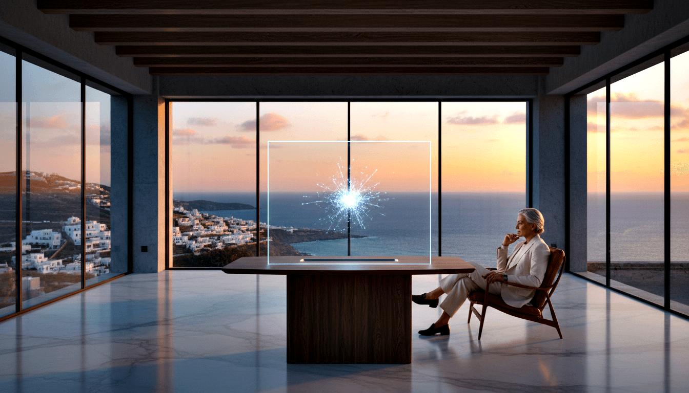 Silver-haired woman in cream suit gazes at glowing transparent panel; coastal town at amber sunset visible through floor-to-ceiling glass.