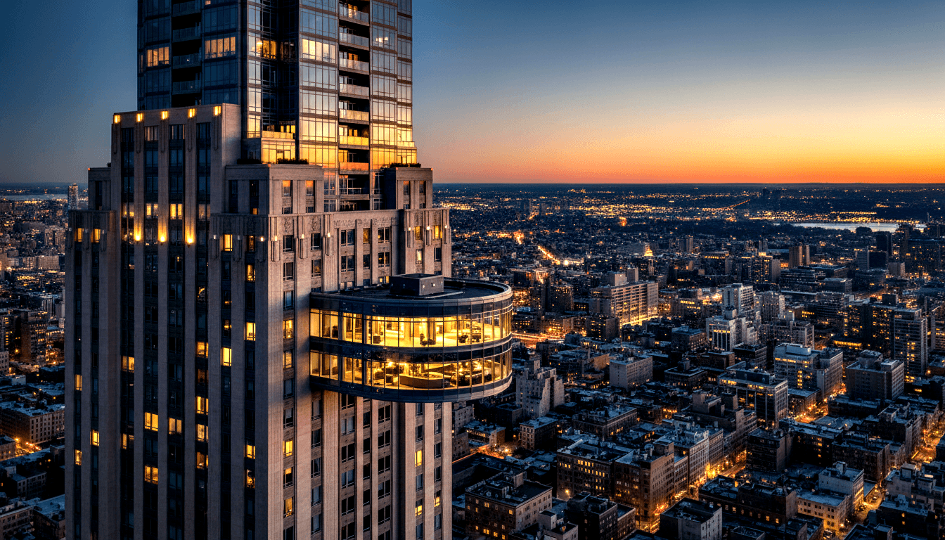 Art Deco skyscraper upper floors with glowing amber cylindrical glass pod cantilevered from facade; twilight urban skyline behind.