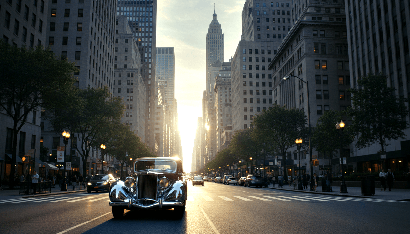 Navy 1930s–40s car with chrome grille on symmetrical boulevard at dusk, spired tower and Art Deco skyscrapers behind.