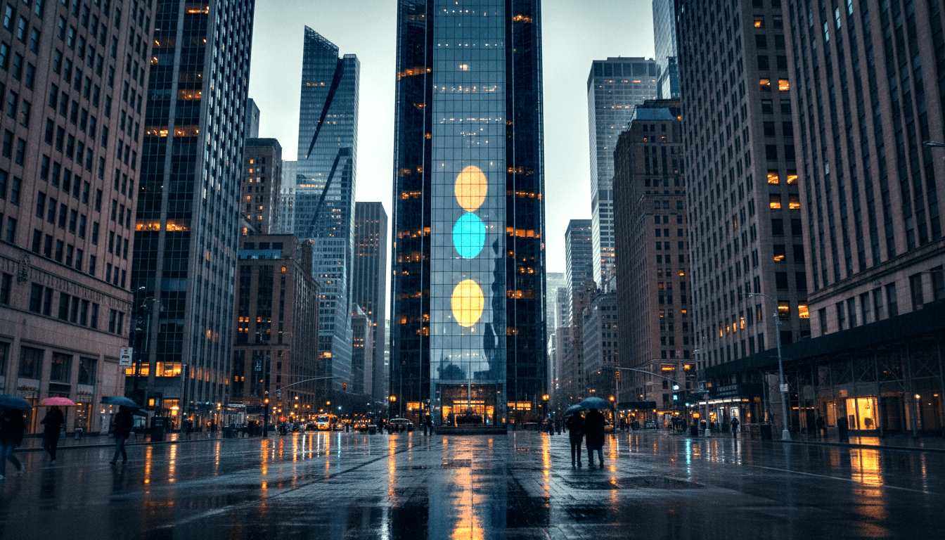 Rainy dusk boulevard leads to glass skyscraper with glowing amber and cyan ovals; couple and pedestrians under umbrellas on wet pavement.