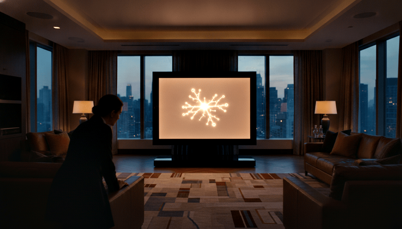 Person in dark attire seated facing a freestanding display showing a network diagram; city skyline at night through floor-to-ceiling windows.