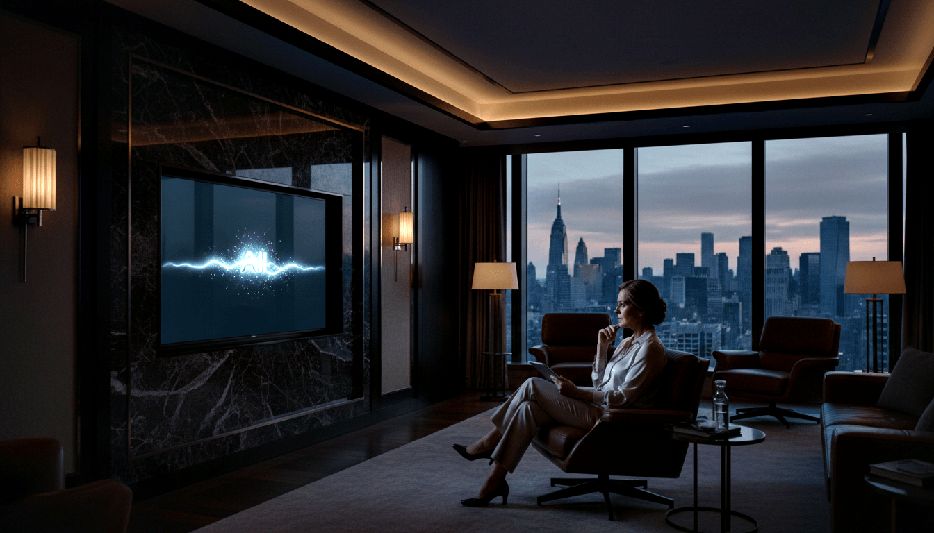 Woman in white blazer sits in burgundy armchair facing wall screen with glowing 'AI' text; twilight skyline visible behind.