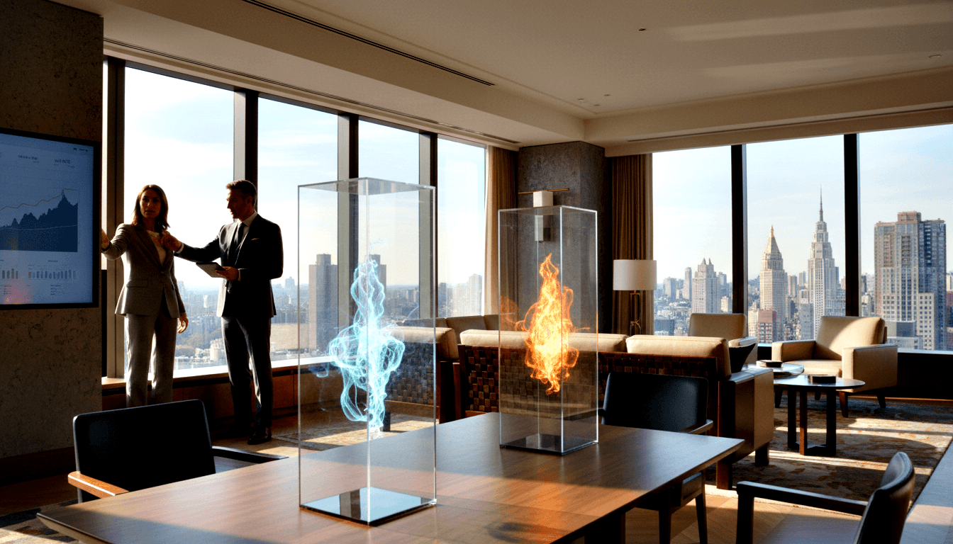 Woman in gray suit gestures toward man in navy suit holding document; dark wood table holds two glass vitrines with cyan and orange energy.