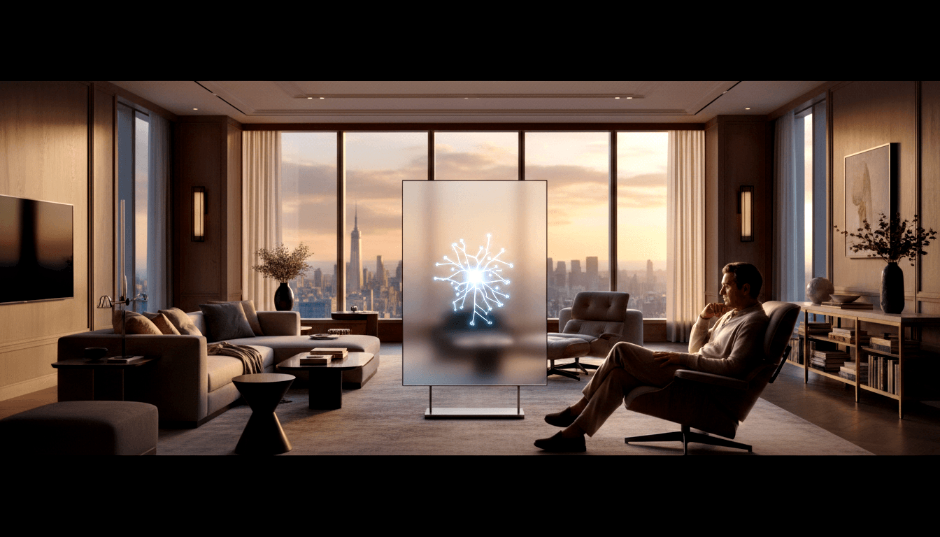 Man in cream attire reclines in leather chair gazing at frosted glass panel with blue-white glowing circuit icon; golden-hour skyline.