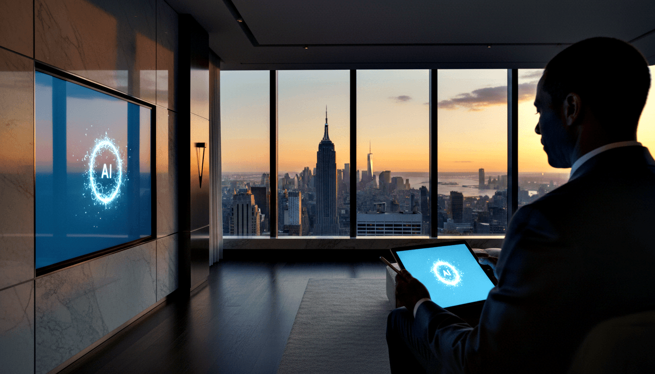 Silhouetted person holds glowing tablet facing screen, both showing 'AI' particle effect; amber sunset skyline beyond floor-to-ceiling windows.