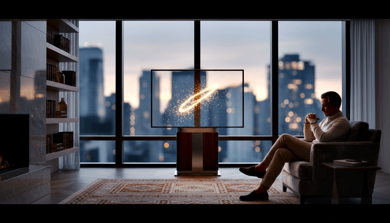 Man in cream turtleneck sits cross-legged in grey armchair facing a glowing amber display on dark wood pedestal in a windowed apartment.