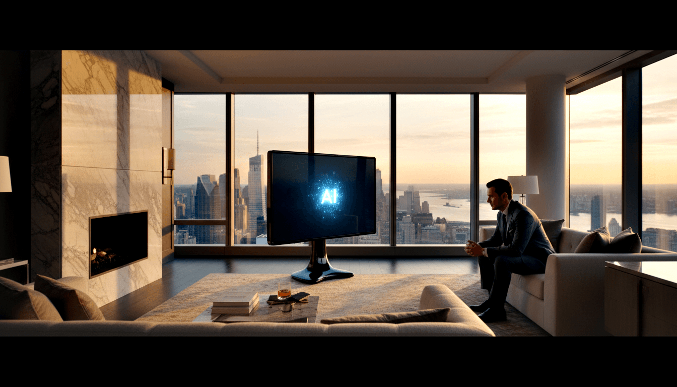 Man in dark suit sitting on cream sofa facing a monitor on a pedestal showing a glowing blue AI logo with circuit-board pattern.