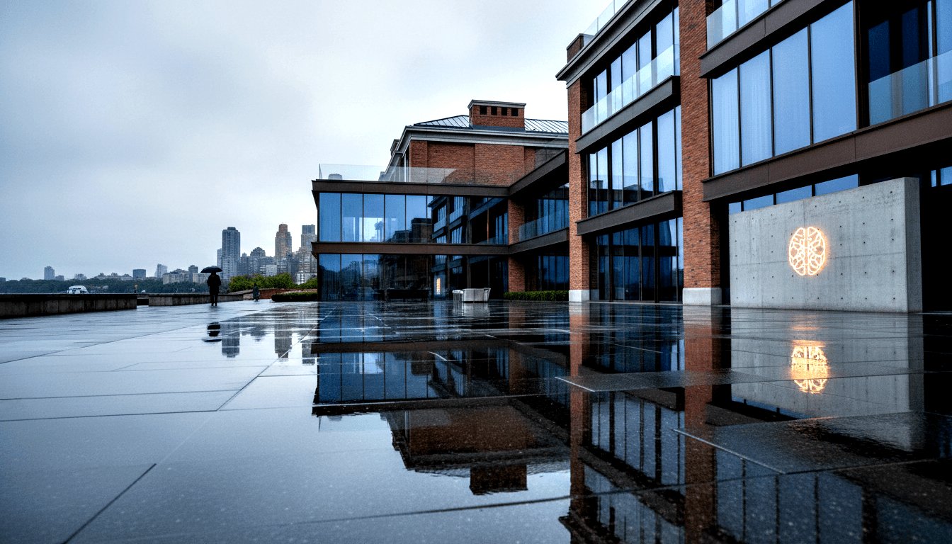 Red brick and glass curtain-wall building on rain-soaked plaza reflecting the structure; glowing amber circular emblem on concrete wall at right.