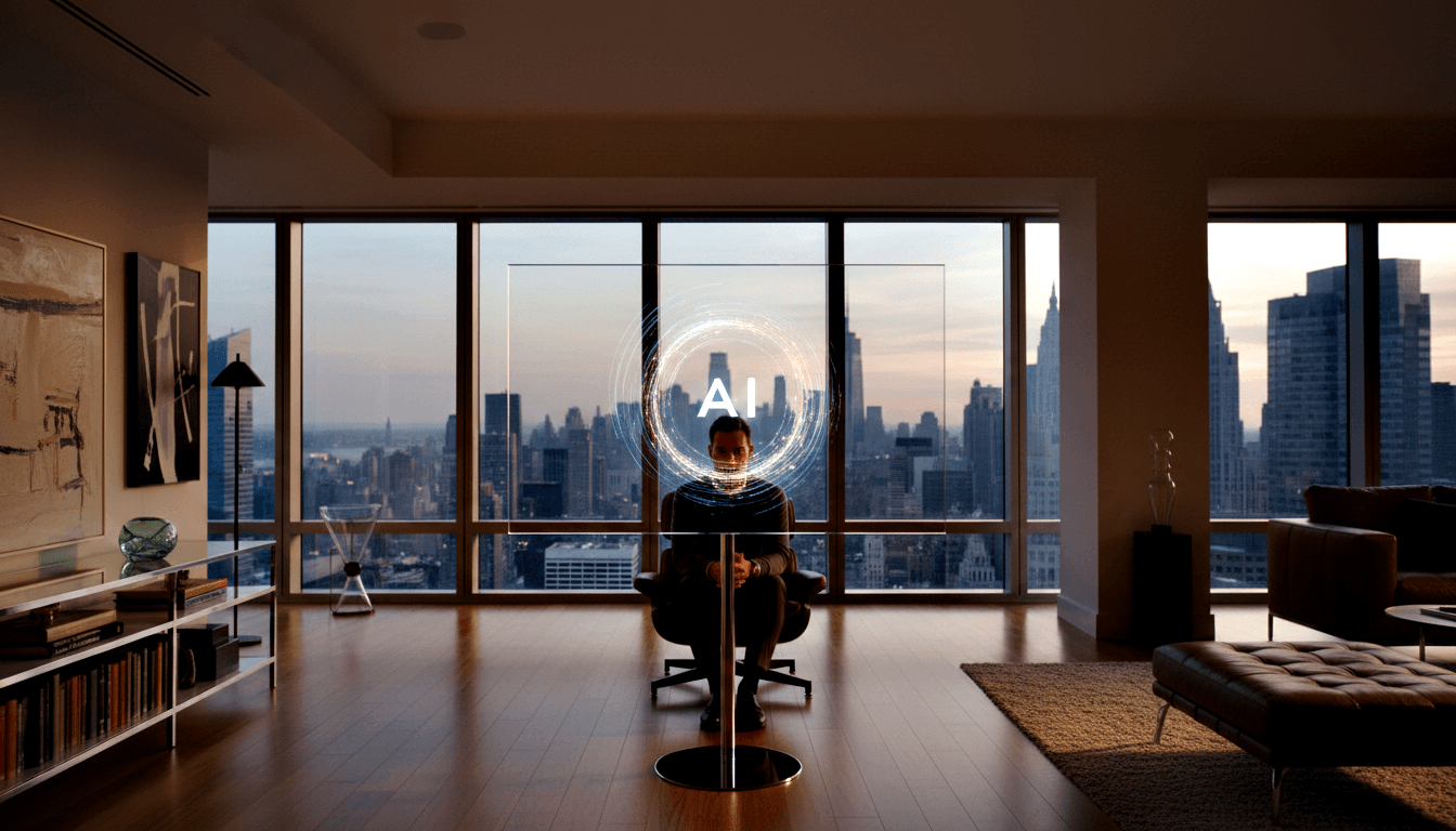 Person at transparent desk facing urban dusk skyline, glowing cyan holographic ring labeled 'AI' surrounding their head.