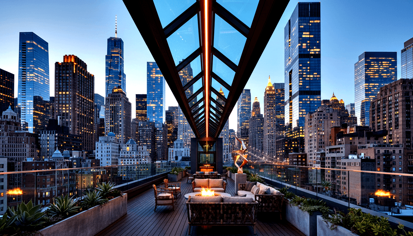 Rooftop terrace at twilight with lounge chairs, fire pit tables, torch fixtures, string lights, glass-steel canopy, skyline backdrop.