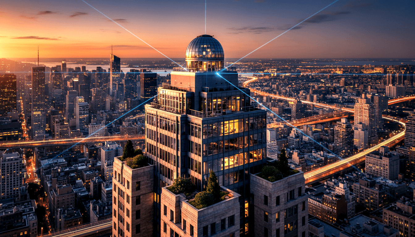 Skyscraper with glass-steel dome emitting cyan beams, golden upper floors, rooftop greenery, dense cityscape at twilight.
