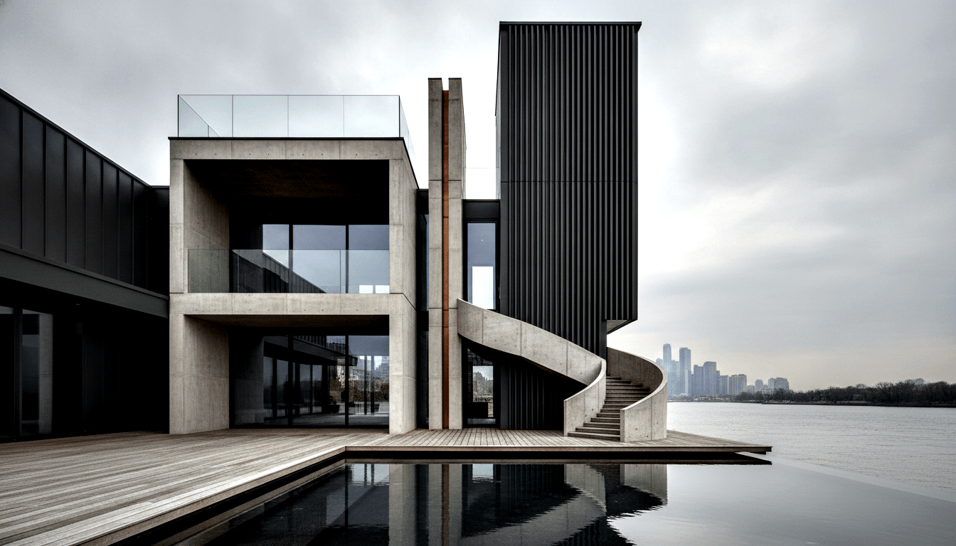 Contemporary concrete building with spiral staircase cantilevered over calm water; dark metal panels and floor-to-ceiling glazing.