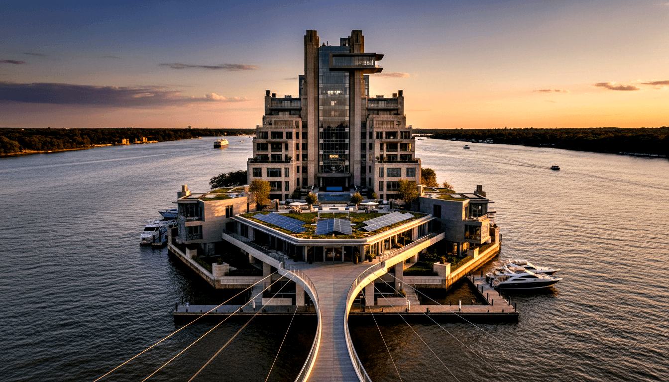 Glass tower with terraced wings and rooftop gardens on a river island; two yachts, cable-stayed bridge, golden-hour light.