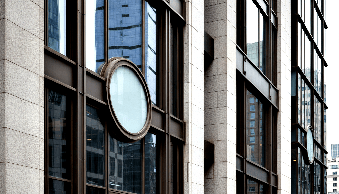 Commercial building facade with dark bronze mullion curtain-wall glass, beige stone cladding, and a circular porthole with frosted glass.
