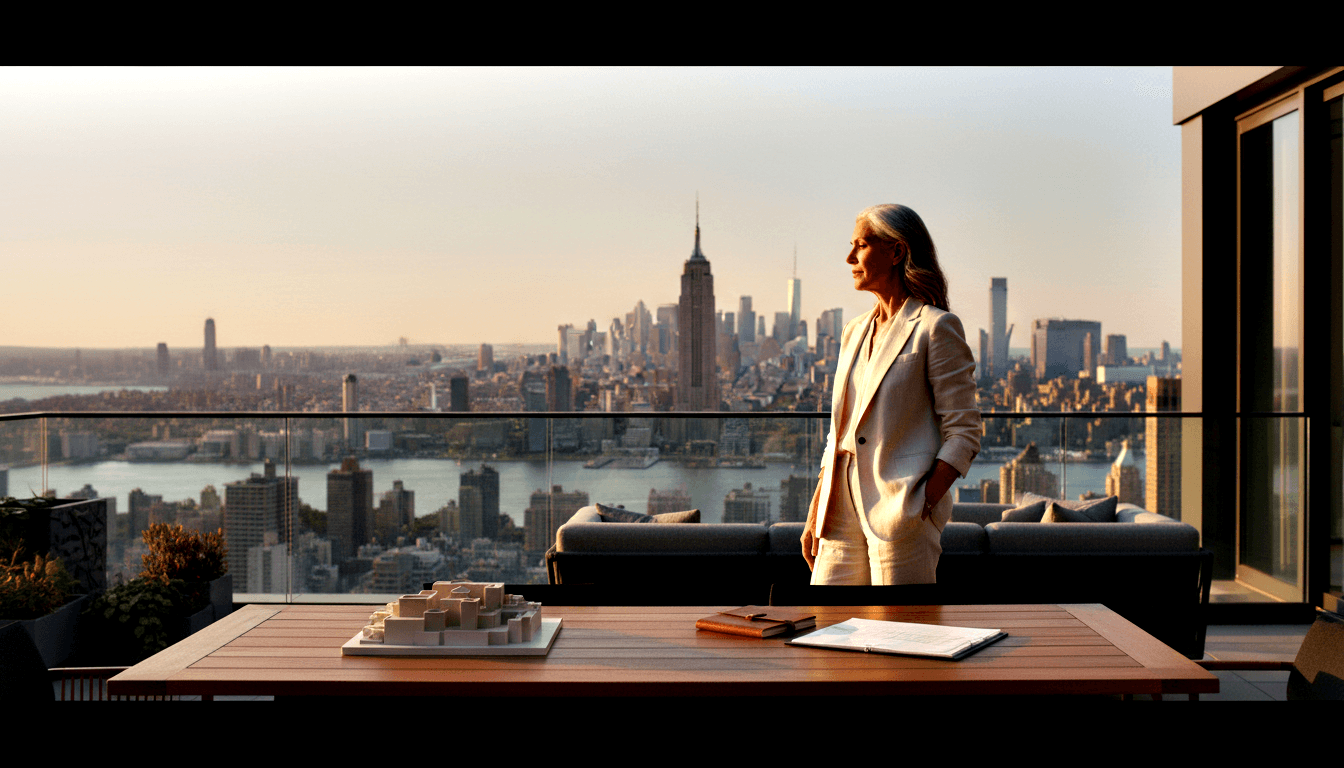 Silver-streaked woman in cream blazer stands on high-rise terrace gazing at hazy urban skyline with spired tower and distant river.