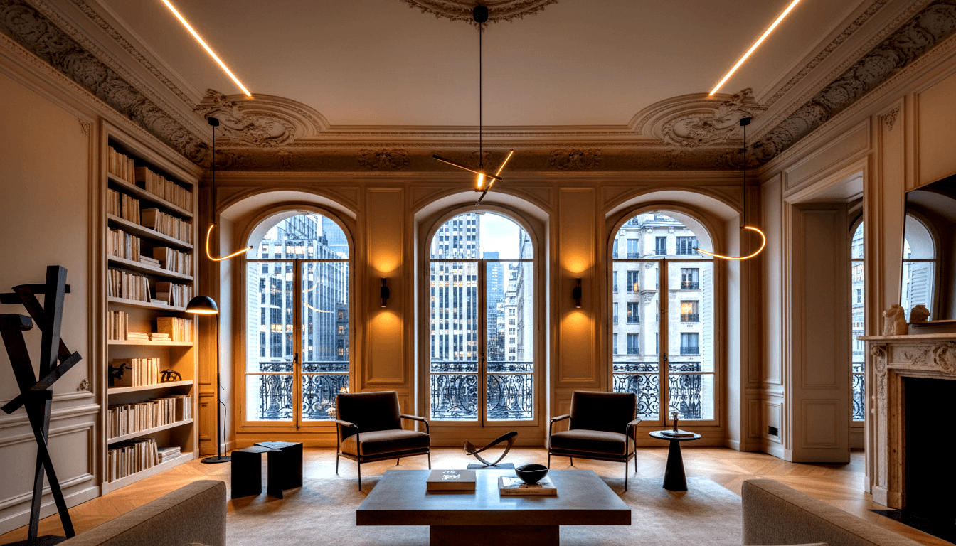 Symmetric room with cream walls, herringbone parquet, arched windows overlooking city, brass pendant, armchairs, fireplace, and bookshelves.