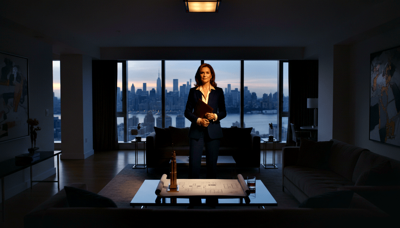Auburn-haired woman in dark navy suit holds dark red portfolio, standing in dim high-rise room with blueprints and scale model on table.