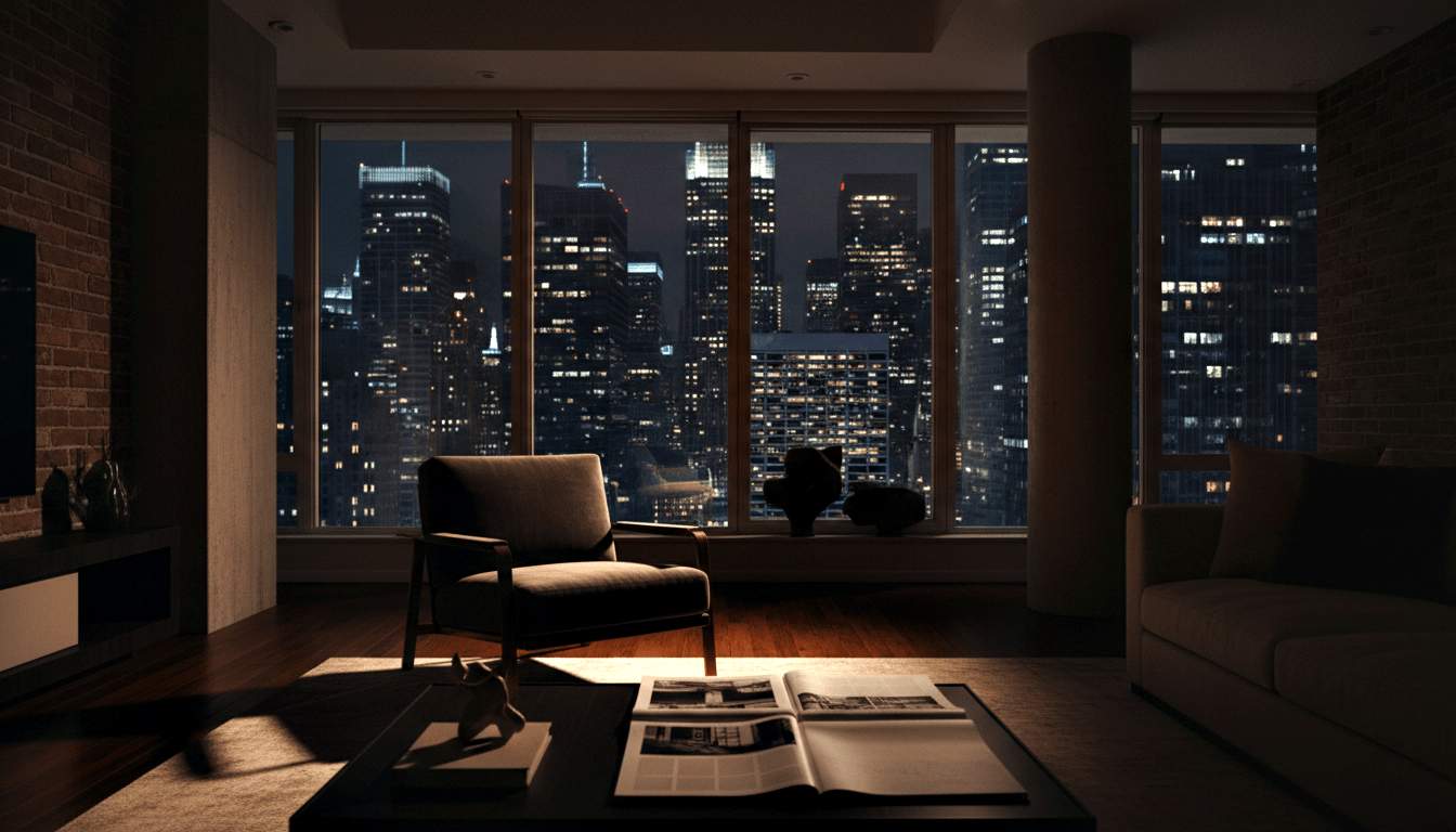 Dimly lit high-rise apartment at night: brick wall, mounted TV, mid-century armchair, floor-to-ceiling windows, glittering skyline.