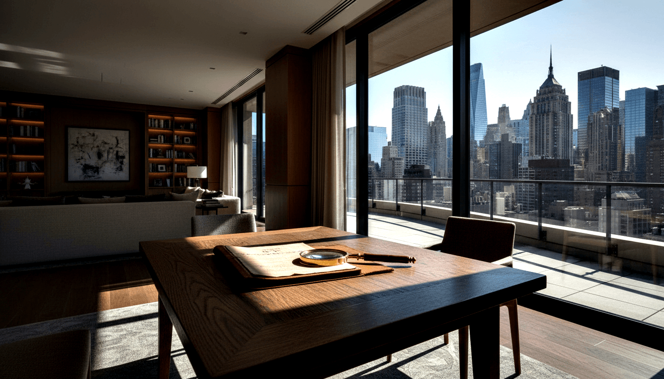 Espresso desk with document, brass magnifying glass, and pen; bookshelves and floor-to-ceiling windows overlooking high-rise skyline.