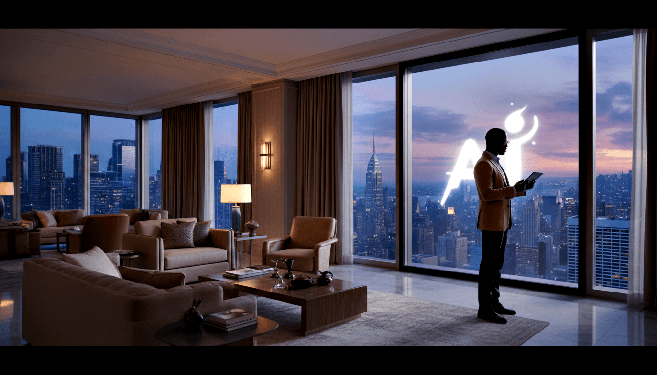 Man in tan blazer holds a tablet beside a glowing white humanoid hologram near floor-to-ceiling windows overlooking a city skyline at twilight.