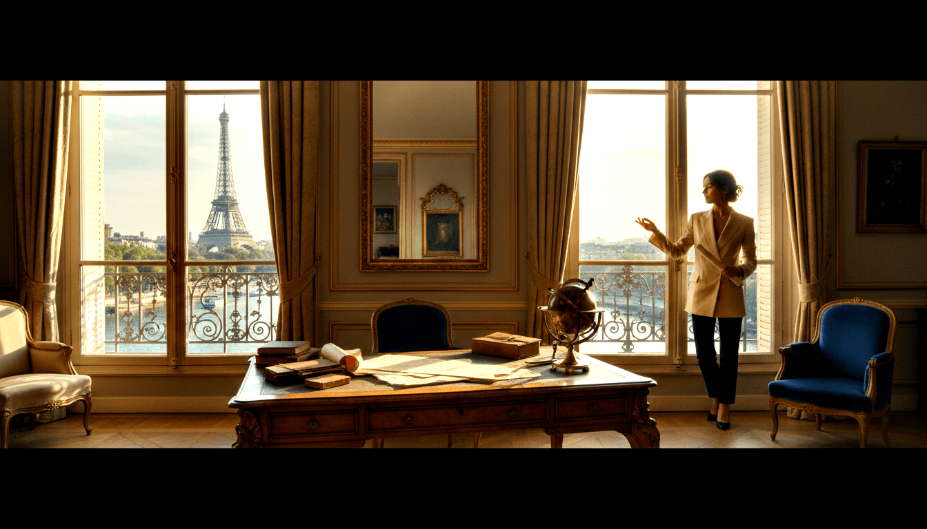 Woman in cream blazer, dark trousers, black heels in gilded room with parquet, French windows, river and iron lattice tower beyond.
