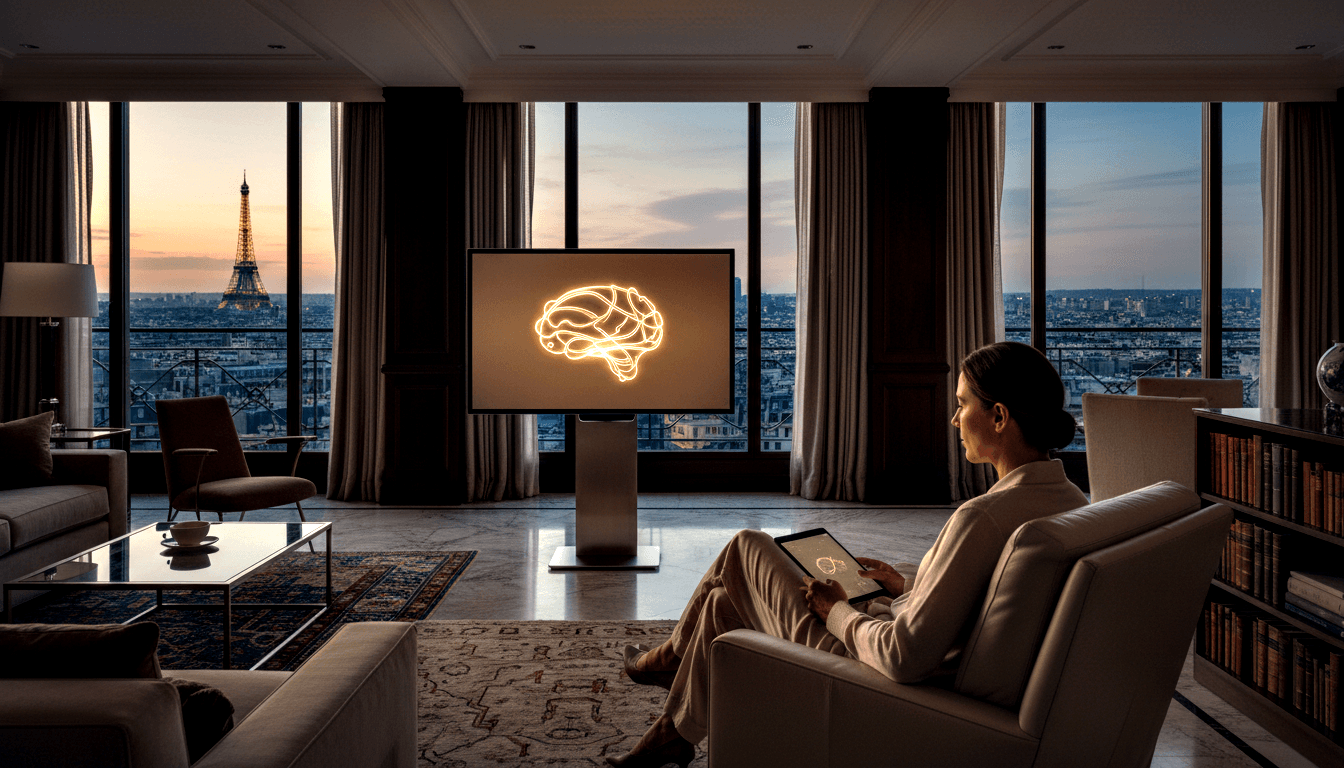 Woman in cream blazer sits cross-legged in armchair holding tablet showing glowing golden brain, mirrored on large pedestal screen.