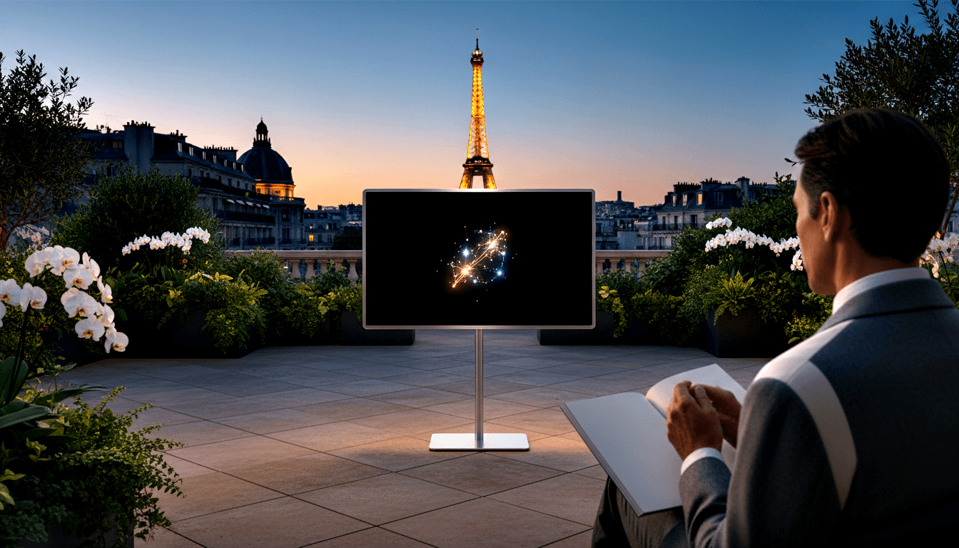 Man in gray suit seen from behind on rooftop terrace at twilight, holding notebook, facing TV displaying constellation network.