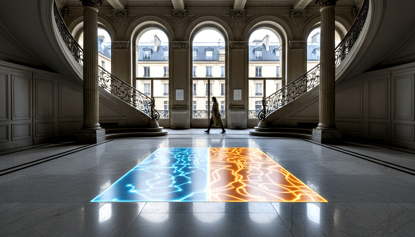 Classical hall with twin curved staircases; floor panels glow cyan and amber with contour patterns as a woman walks between them.
