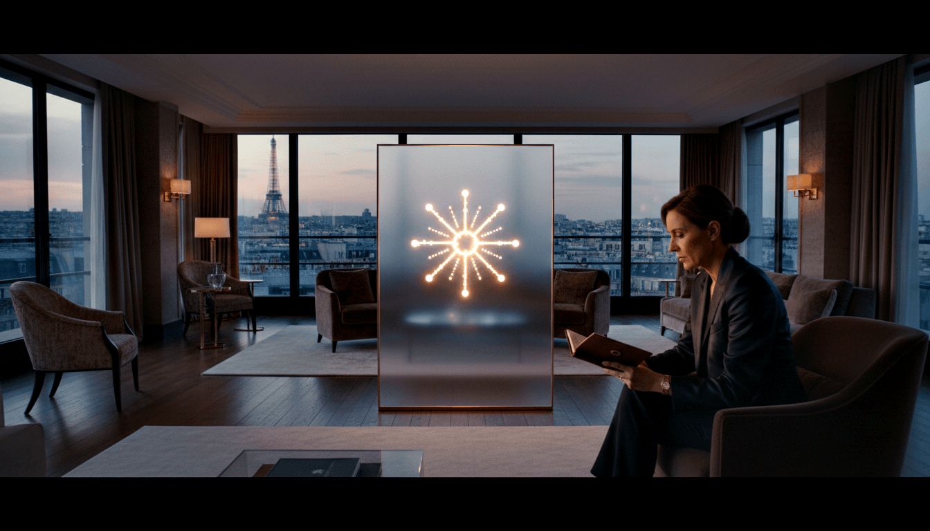 Woman in charcoal suit reading in taupe armchair; frosted amber starburst panel and twilight city skyline with lattice tower visible.