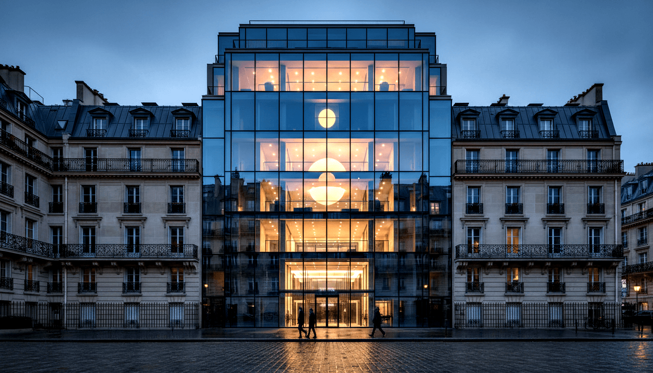 Amber-glowing glass building flanked by limestone mansard-roof buildings at dusk; wet cobblestones, three pedestrian silhouettes.