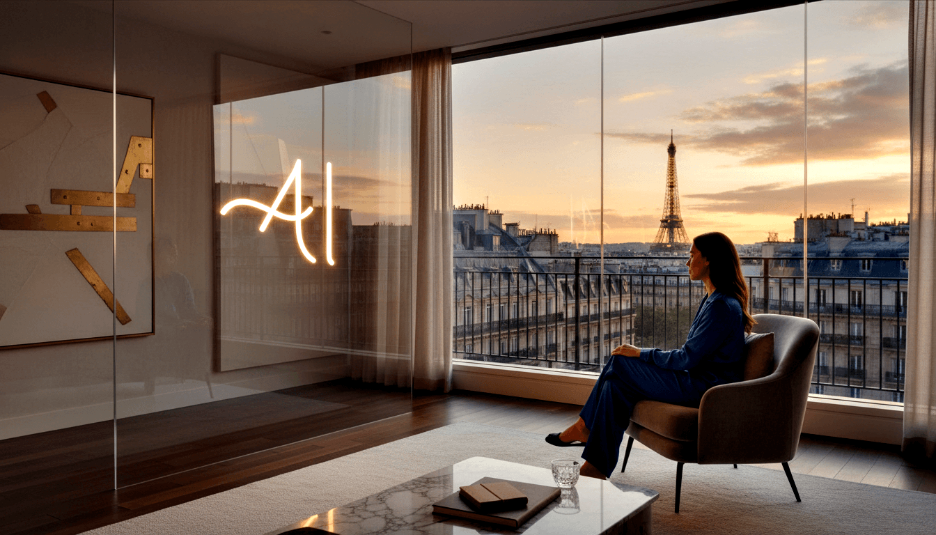 Woman in navy sits in taupe armchair before floor-to-ceiling windows showing amber sunset skyline with lattice tower.