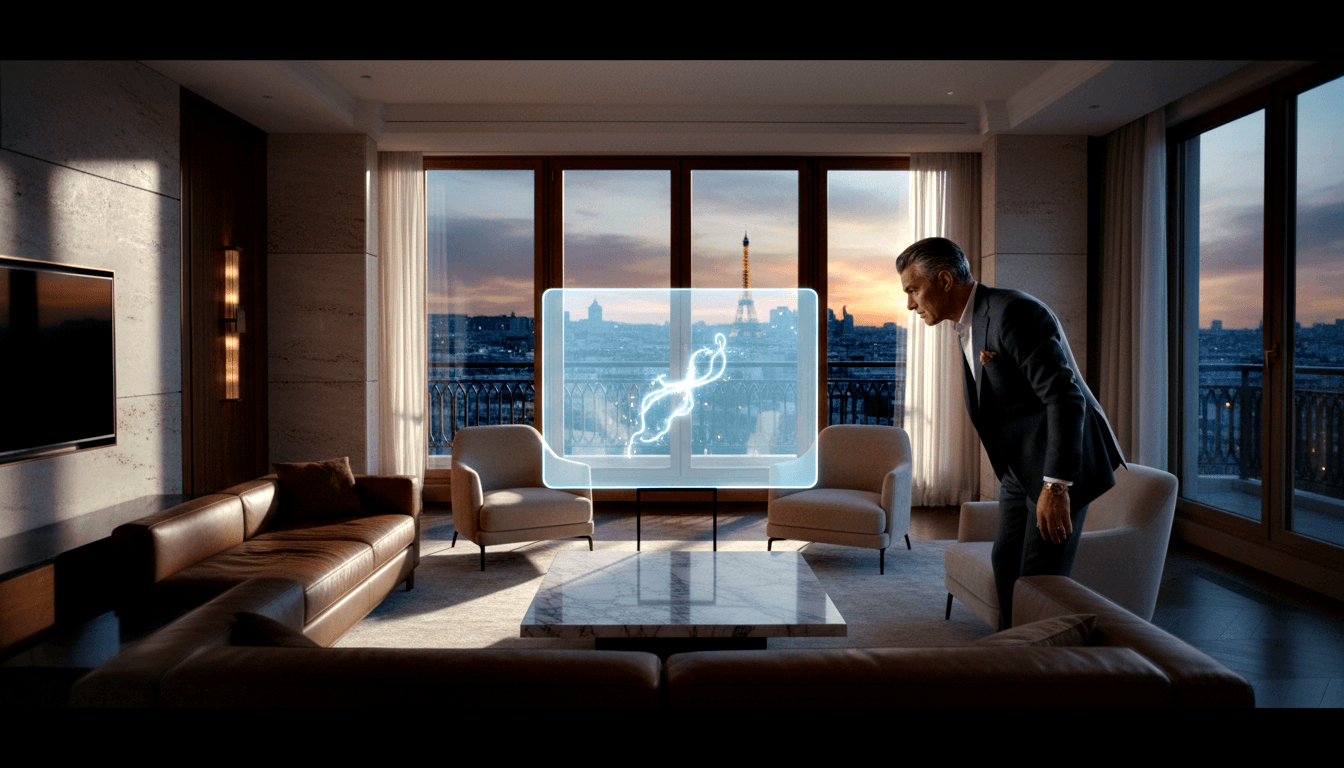 Man in dark suit examines glowing cyan holographic helix on marble table; dusk skyline with iron tower through tall windows.