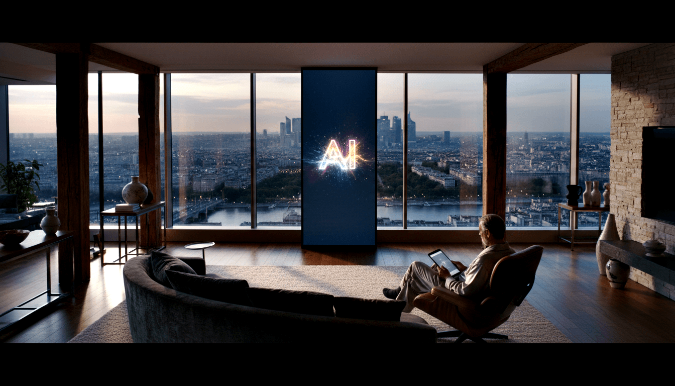 Man in beige suit sits in recliner with tablet facing a screen showing glowing 'AI' text; dusk river skyline visible beyond.