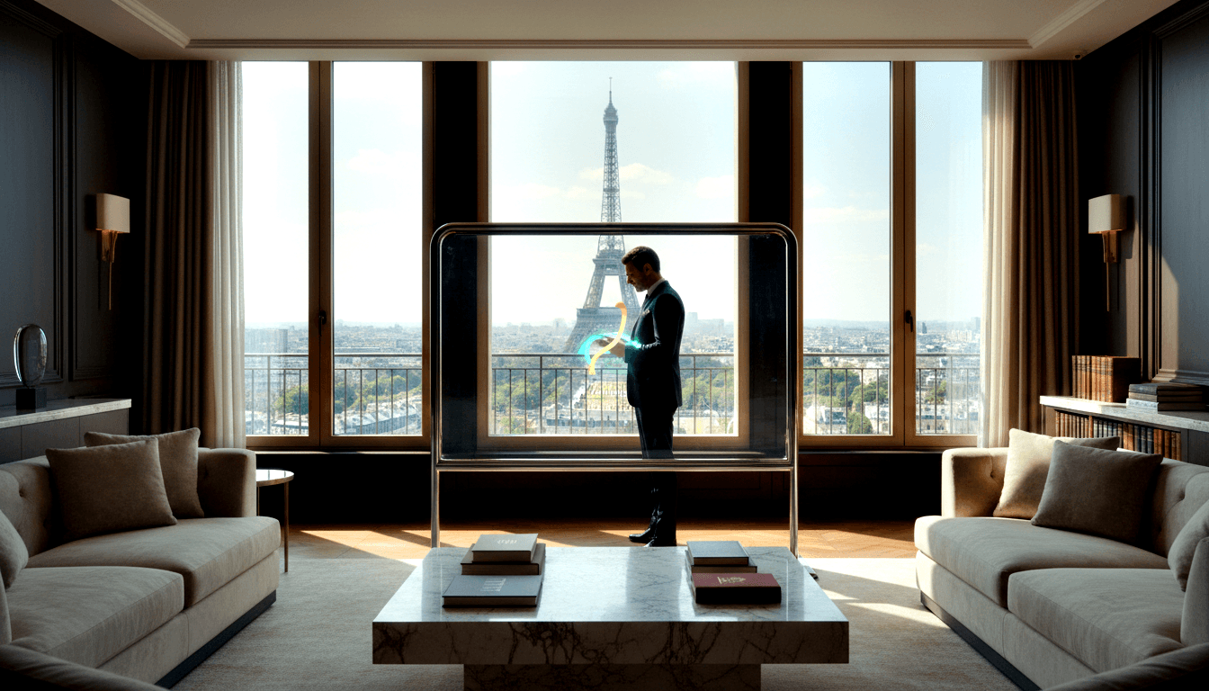 Man in dark navy suit stands behind transparent frame with glowing teal and amber light elements in luxury interior with city skyline outside.
