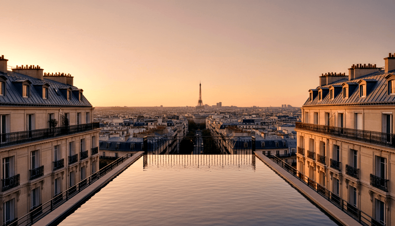 Rooftop infinity pool with dark reflective water between symmetrical limestone buildings, iron tower at horizon under golden sunset.